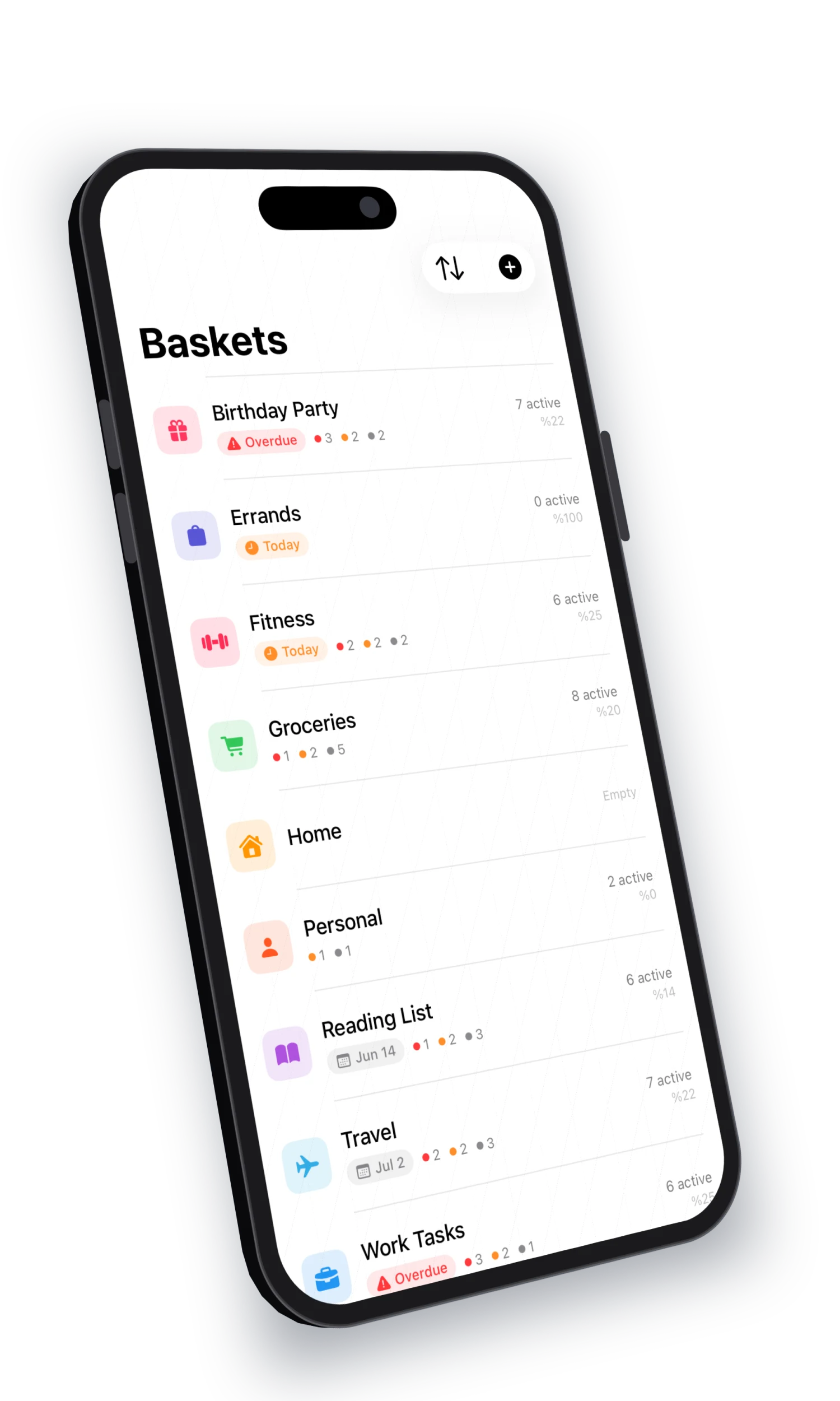 Basket Case on an iPhone, tilted, showing the Baskets list with Birthday Party, Errands, Fitness, and Groceries
